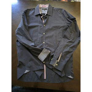 Men's Ted Baker Casual Button Down Shirt XL Navy with White Purple Accents